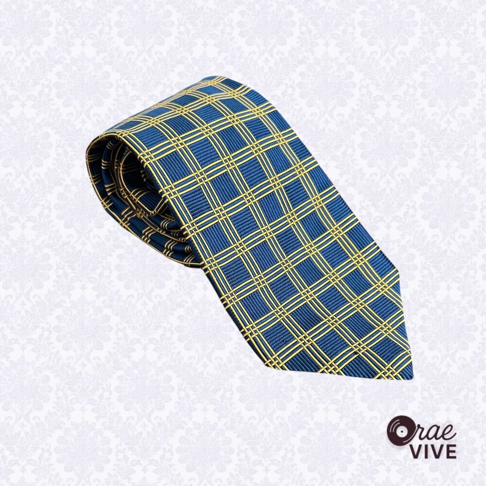 Ben Silver Charleston London Vintage 100% Silk Handmade Tie Blue Gold Plaid